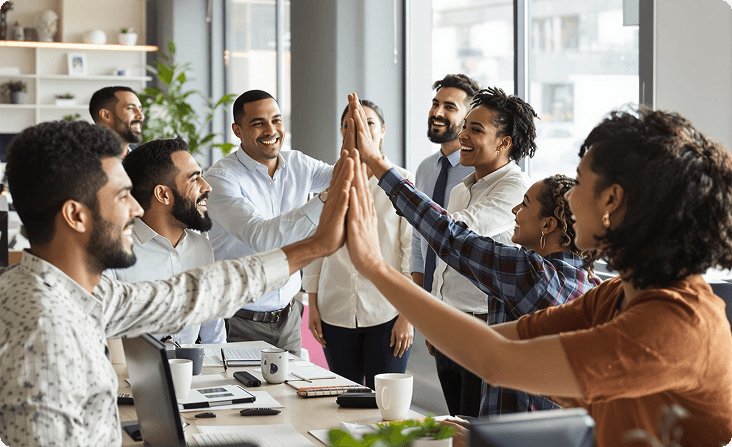A diverse group of coworkers in a bright office gather around a table and high-five each other, smiling and celebrating teamwork during a collaborative moment.