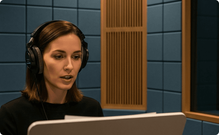 A woman wearing headphones sits in a soundproof recording studio, reading from a script in front of a microphone and screen, suggesting she is recording audio or voiceover content.