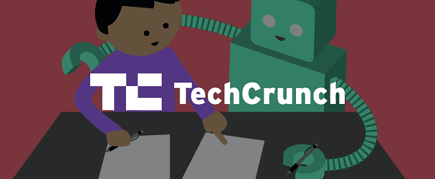 Illustration of a person writing on papers at a desk while a friendly robot stands behind them, with the TechCrunch logo overlaid, representing collaboration between humans and AI.