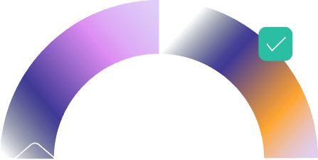 Semi-circular analytics visualization with a purple-to-orange gradient arc, a white line chart showing fluctuating values, and a green checkmark icon indicating success or completion on a dark background